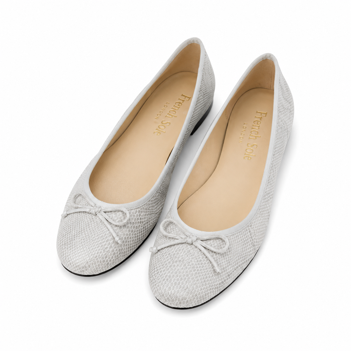 French Sole Womens Maddox Croc Embossed Leather Ballet Pumps in Light Grey