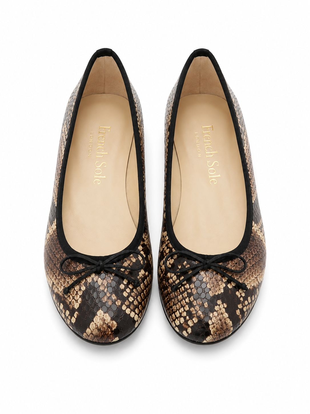 French Sole Womens Maddox Snake Print Leather Ballet Pumps in Brown Mix