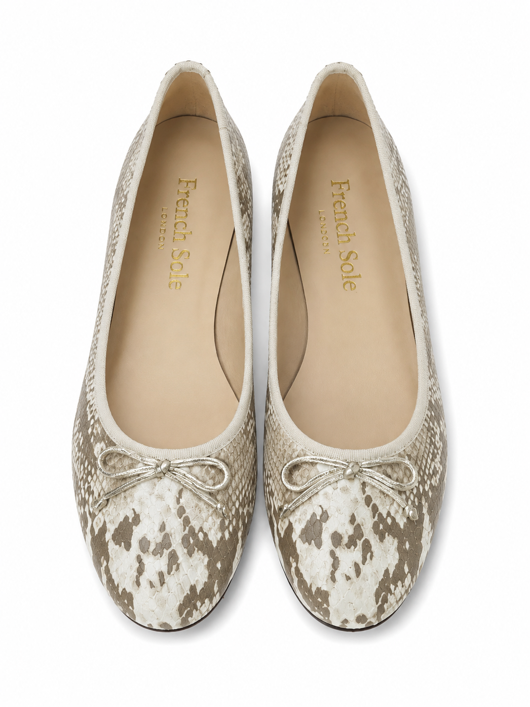 French Sole Womens Maddox Snake Print Leather Ballet Pumps in White Mix