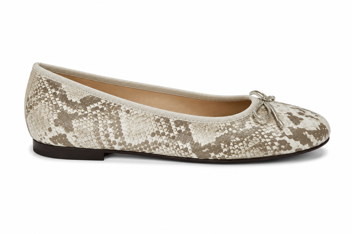 French Sole Womens Maddox Snake Print Leather Ballet Pumps in White Mix