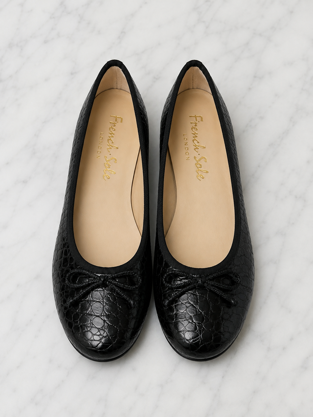 French Sole Womens Maddox Croc Embossed Leather Ballet Pumps in Black