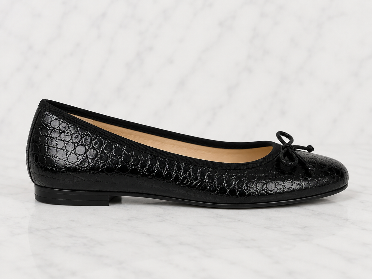 French Sole Womens Maddox Croc Embossed Leather Ballet Pumps in Black
