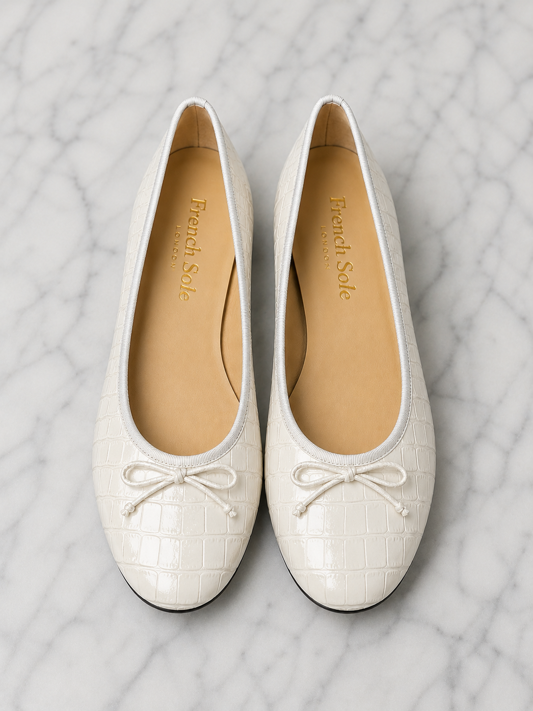 French Sole Womens Maddox Croc Embossed Leather Ballet Pumps in White