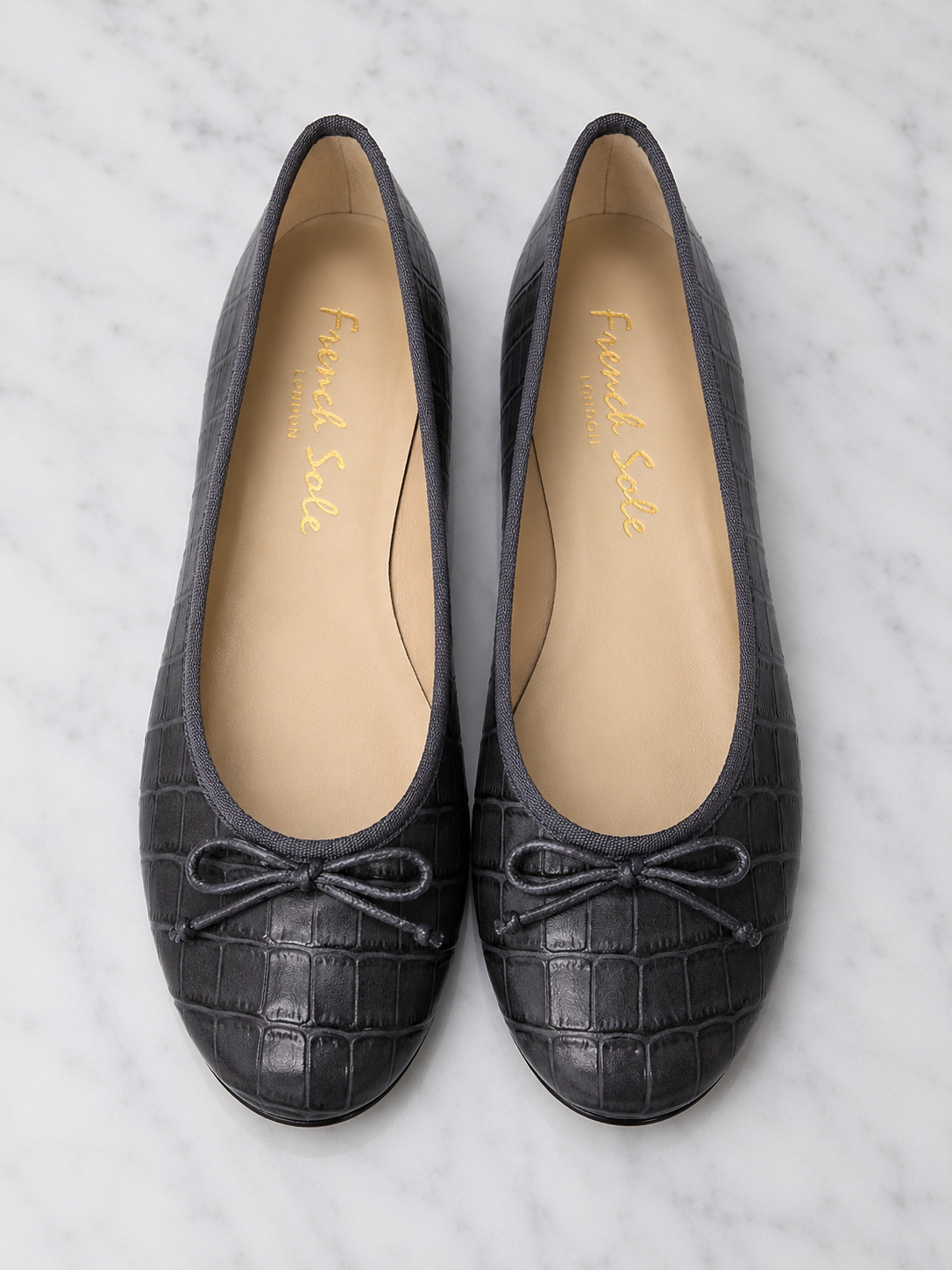 French Sole Womens Maddox Croc Embossed Leather Ballet Pumps in Dark Grey