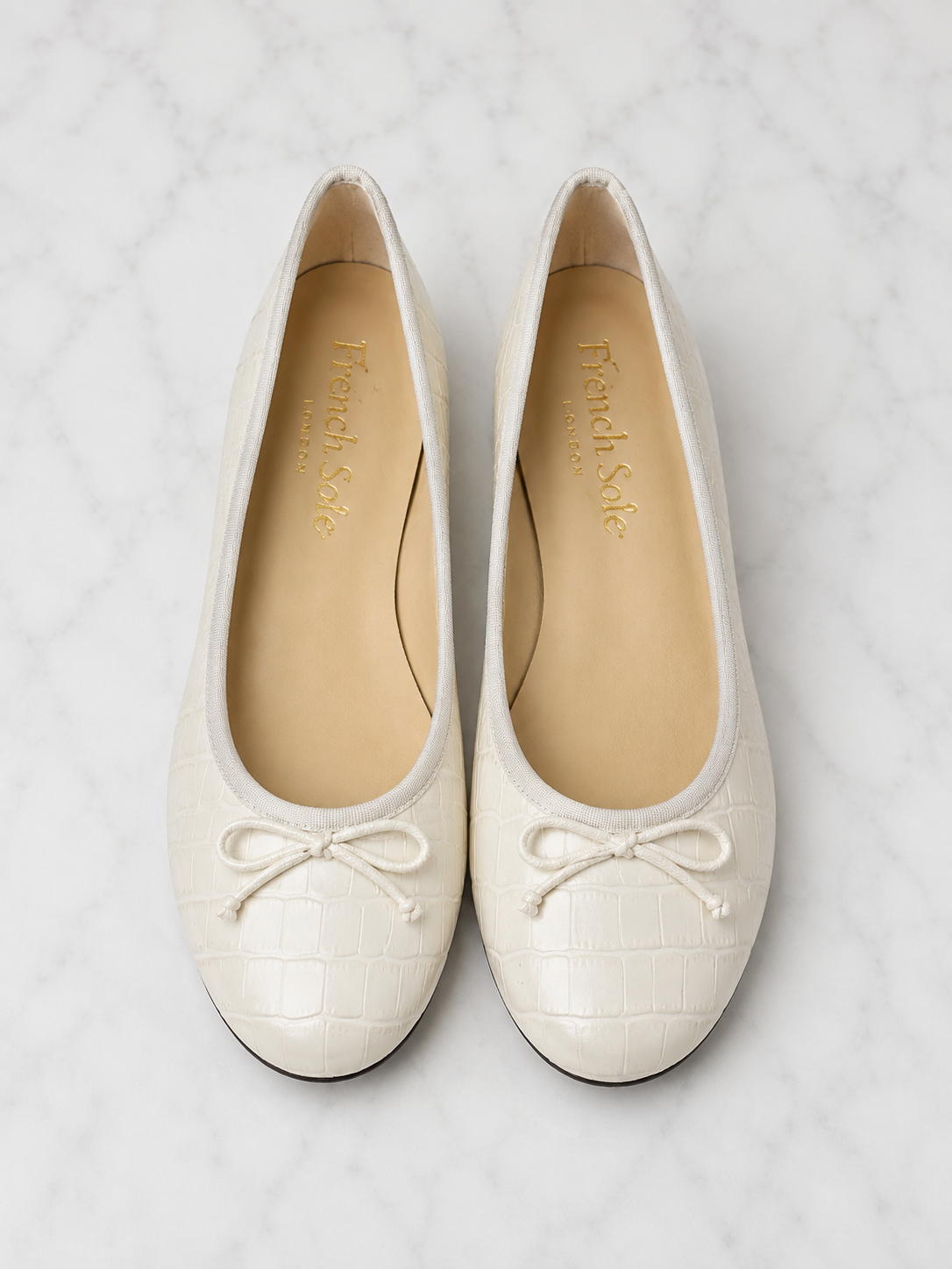 French Sole Womens Maddox Croc Embossed Leather Ballet Pumps in Off White
