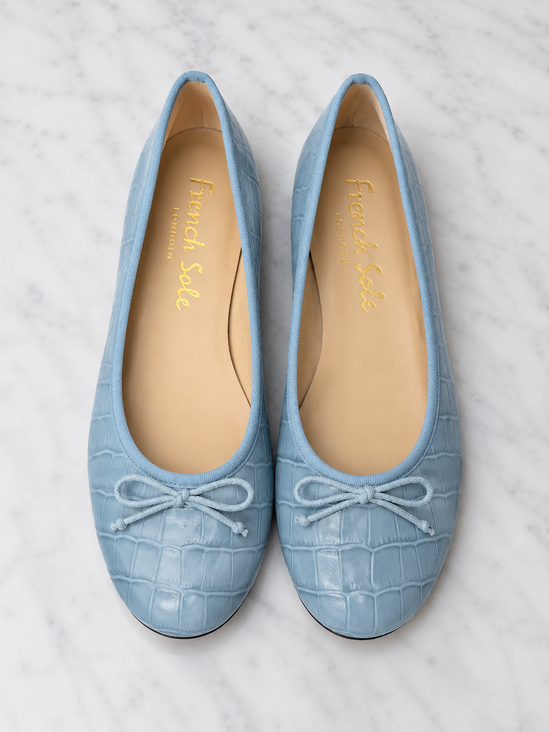 French Sole Womens Maddox Croc Embossed Leather Ballet Pumps in Light Blue