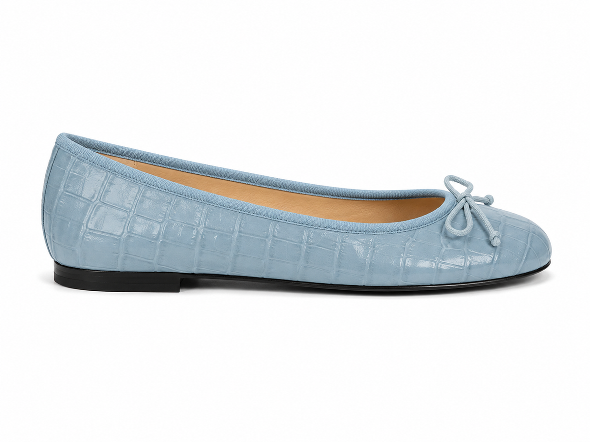 French Sole Womens Maddox Croc Embossed Leather Ballet Pumps in Light Blue