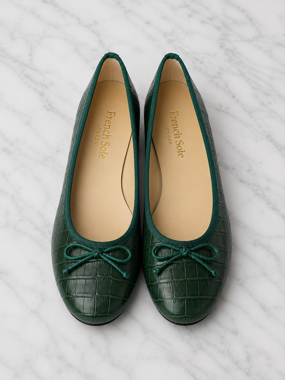 French Sole Womens Maddox Croc Embossed Leather Ballet Pumps in Dark Green