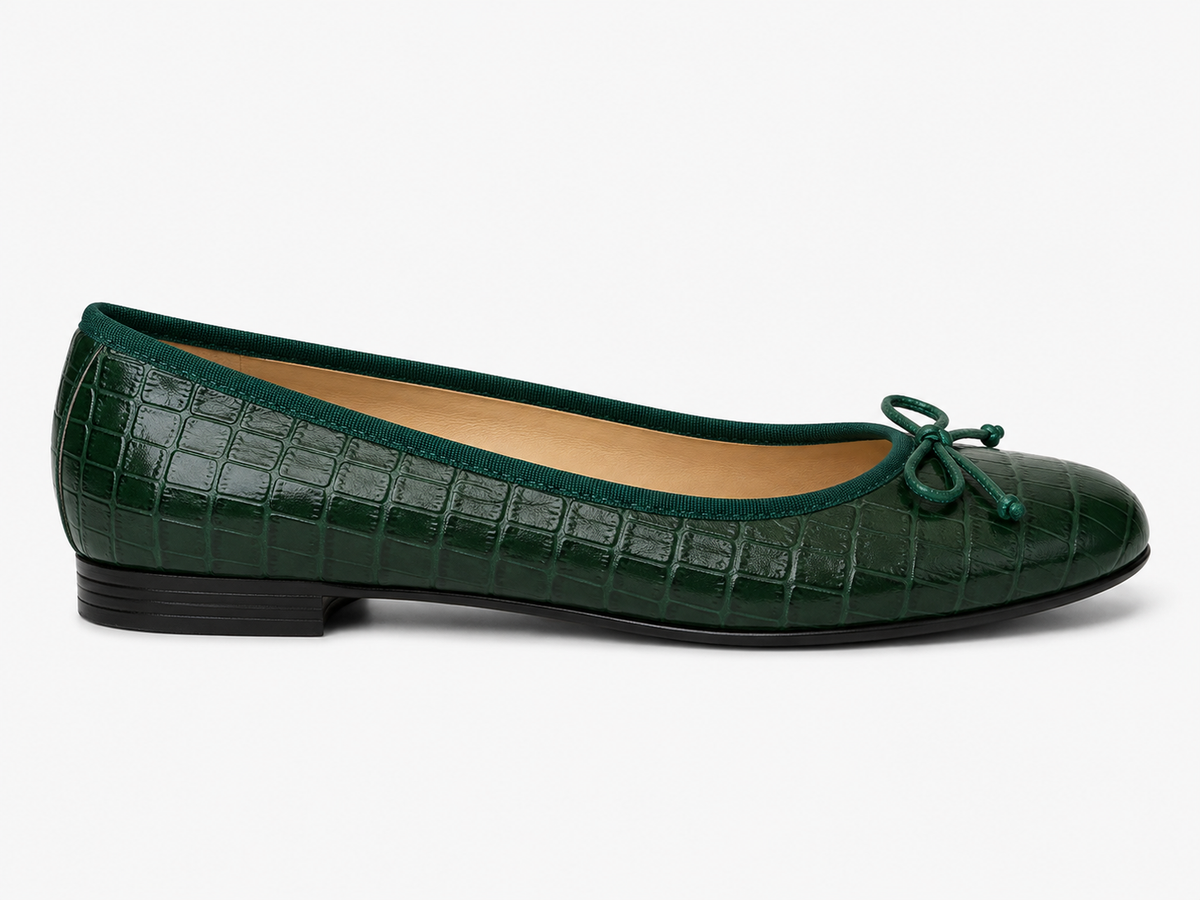 French Sole Womens Maddox Croc Embossed Leather Ballet Pumps in Dark Green