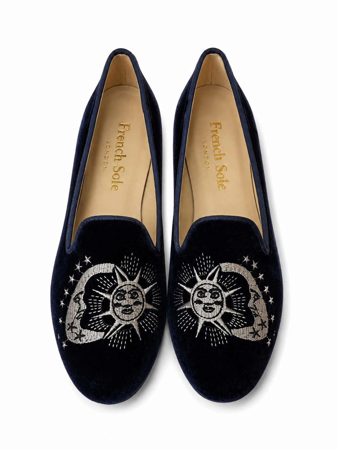 French Sole Womens Opera Embroidered Velvet Slippers in Navy