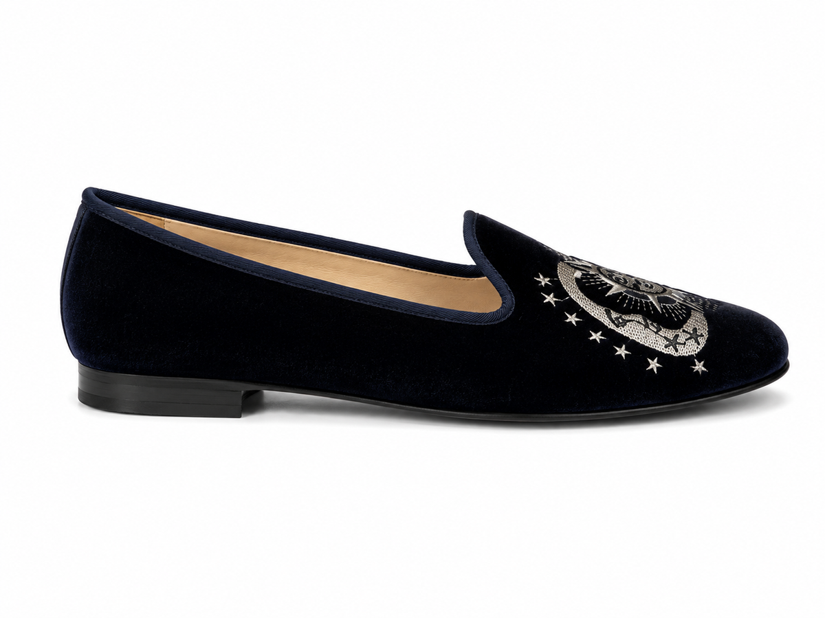 French Sole Womens Opera Embroidered Velvet Slippers in Navy