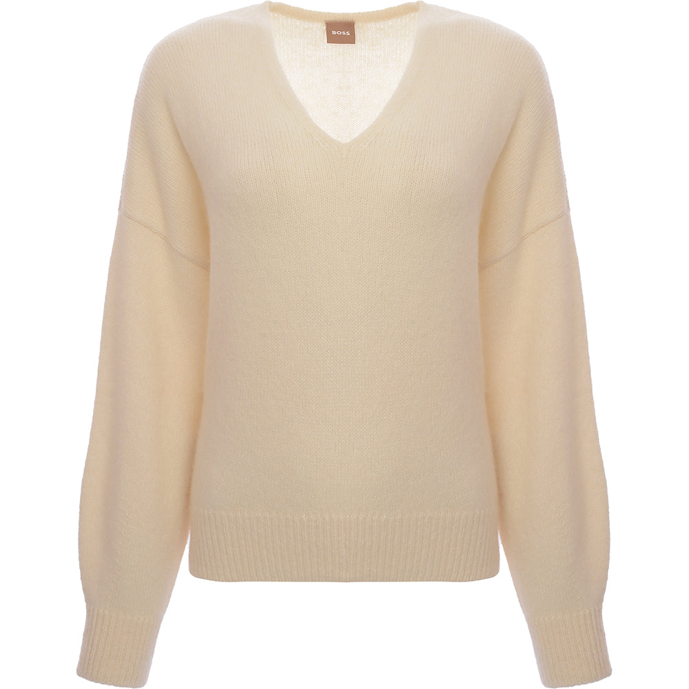 Fondianan Womens White Wool Mix V-Neck Jumper