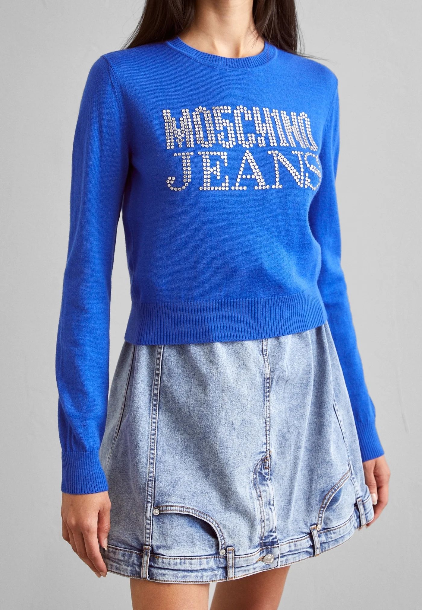 Rhinestone Logo Wool Blend Sweater in Blue