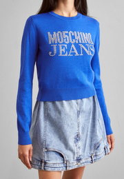 Rhinestone Logo Wool Blend Sweater in Blue