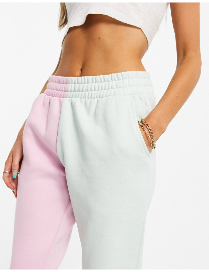 Chelsea Peers lounge half and half joggers with tie waist in pink and green