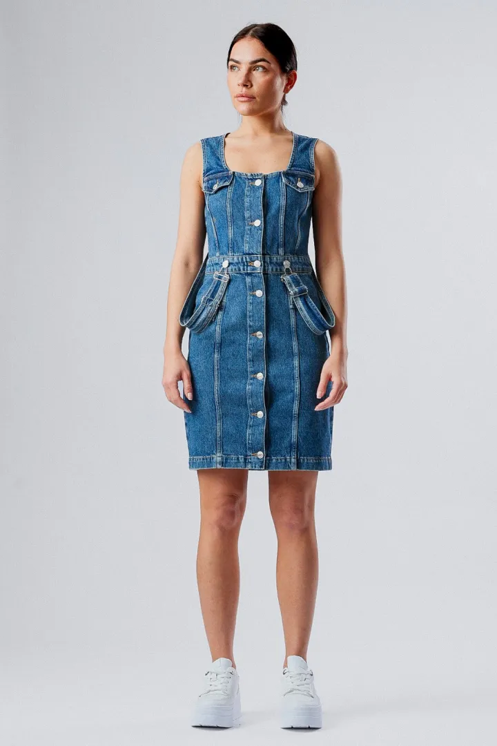 Moschino Suspenders Denim Dress in Blue
