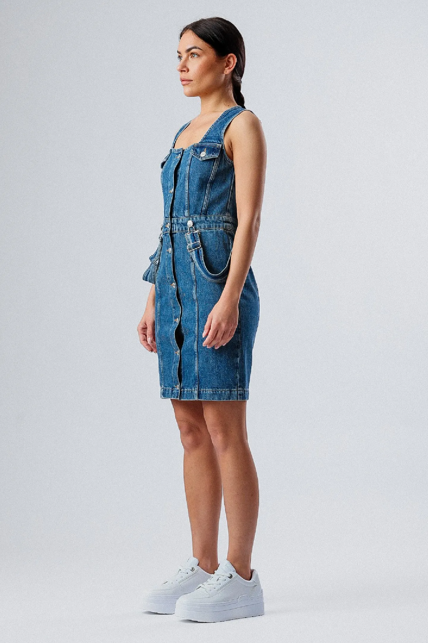 Moschino Suspenders Denim Dress in Blue