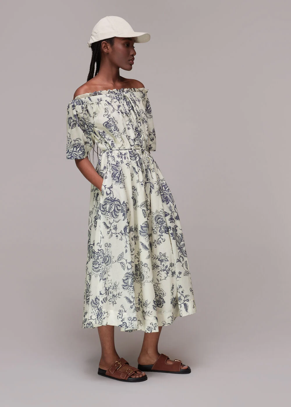 Whistles Womens Cotton Off The Shoulder Maxi Dress in Botantical Print In White