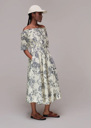 Whistles Womens Cotton Off The Shoulder Maxi Dress in Botantical Print In White