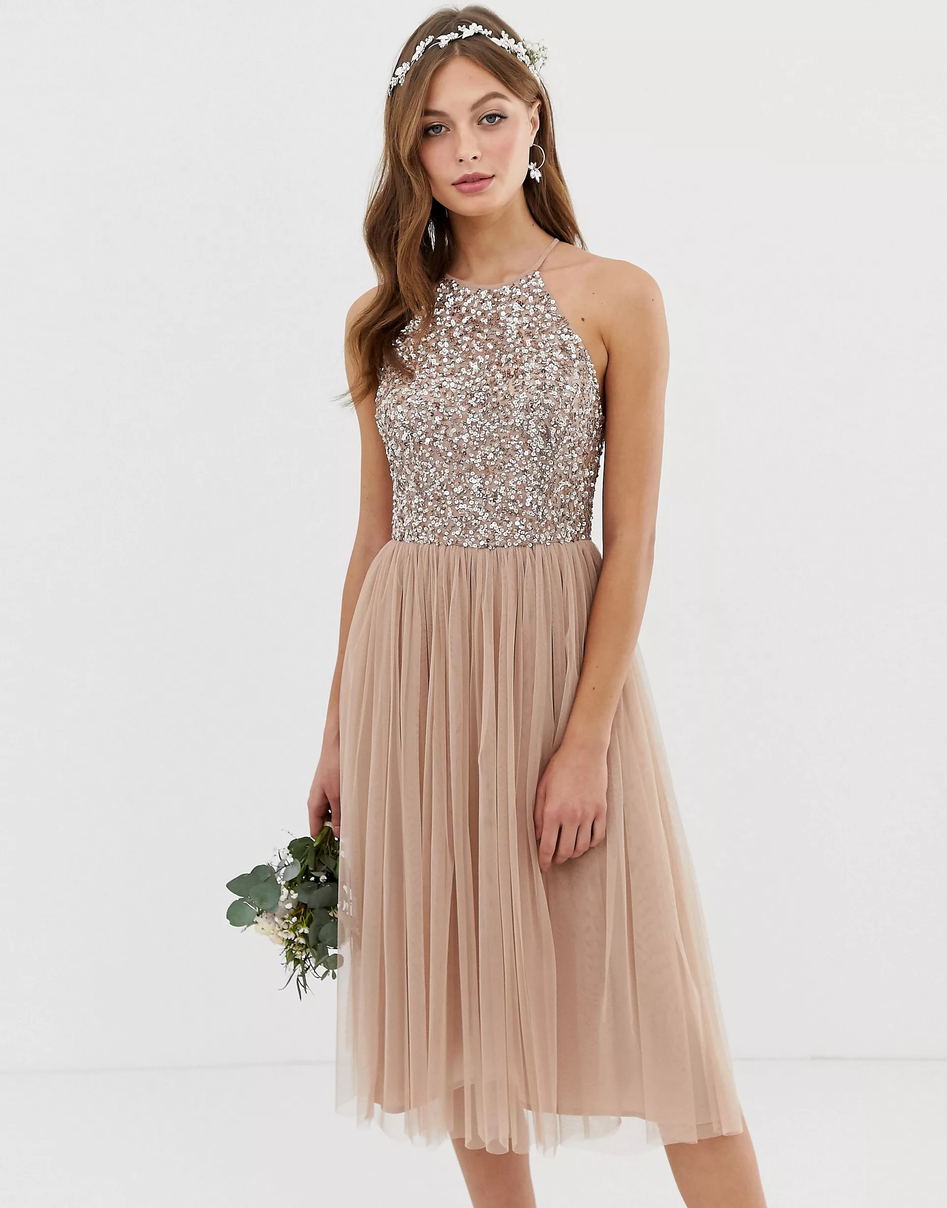 Maya petite bridesmaid long sleeve maxi tulle dress with tonal delicate sequins top in taupe blush