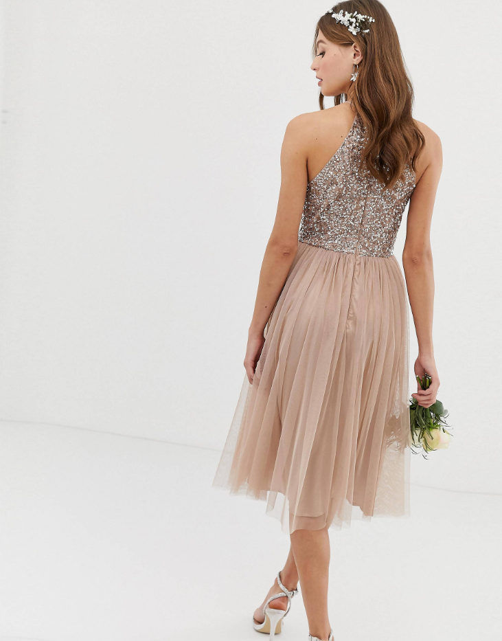 Maya Bridesmaid Halter Neck Midi Tulle Dress With Tonal Delicate Sequins In Taupe Blush