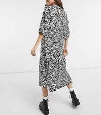 Womens Wednesday's Girl Midi Dress with Tiered Skirt in Monochrome Animal Print