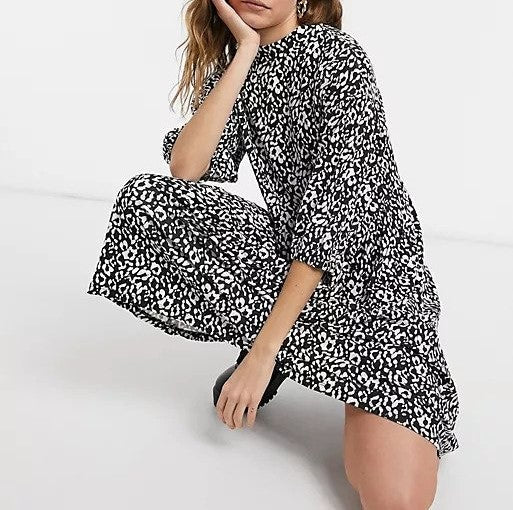 Womens Wednesday's Girl Midi Dress with Tiered Skirt in Monochrome Animal Print