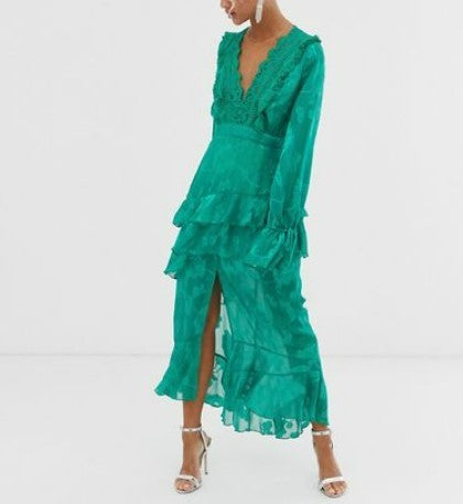 Womens Dark Pink Plunge Front Midi Dress With Frill Detail In Green