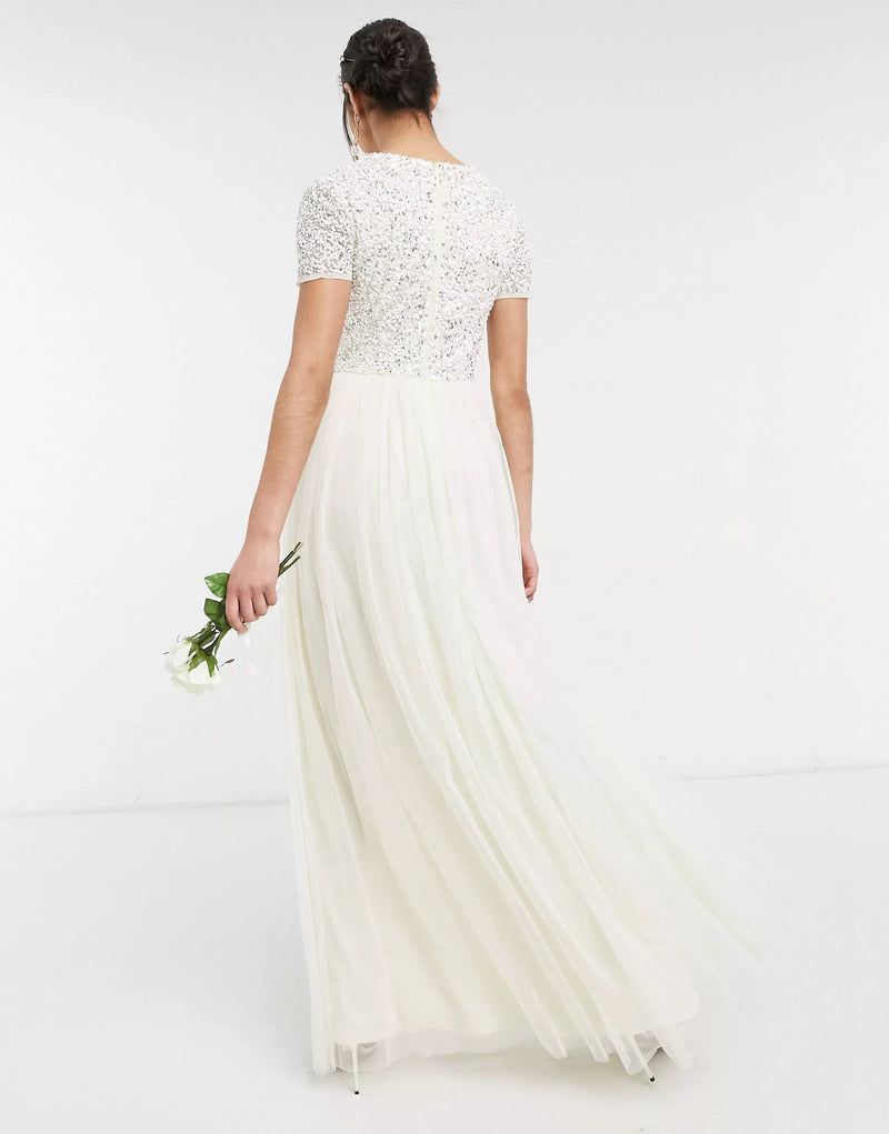 Maya Bridal V Neck Maxi Tulle Dress With Tonal Delicate Sequin In Ecru