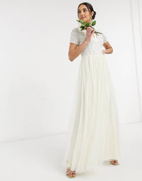 Maya Bridal V Neck Maxi Tulle Dress With Tonal Delicate Sequin In Ecru