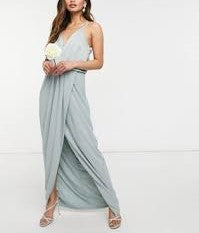 Womens Tfnc Bridesmaid Satin Halterneck Top Maxi Dress In Sage