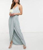 TFNC bridesmaid satin halterneck top maxi dress in sage