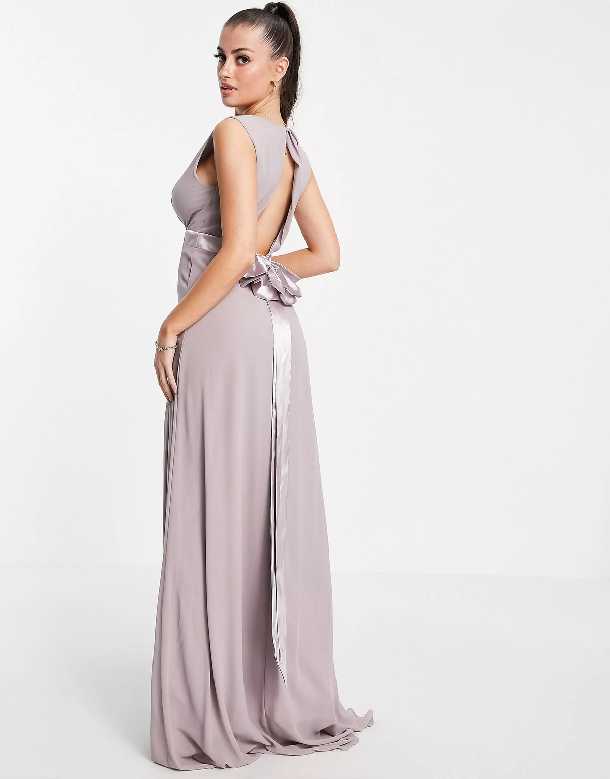 Tfnc Bridesmaid Plunge Front Bow Back Maxi Dress In Grey Sale Lab UK