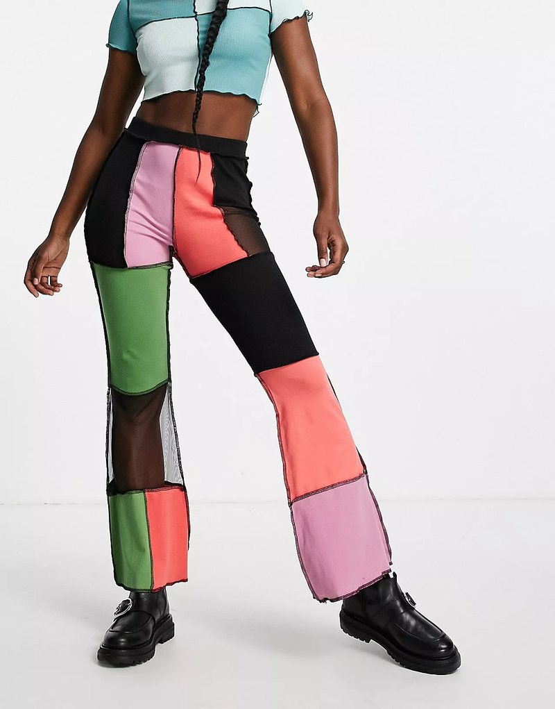 The Ragged Priest High Waisted Flares In Patchwork Rib