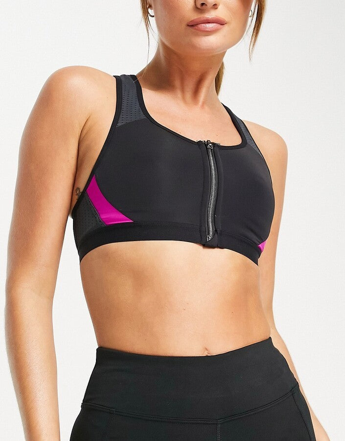 Dorina Harlem Micro Non Padded Zip Front Medium Impact Sports Bra In Black And Pink
