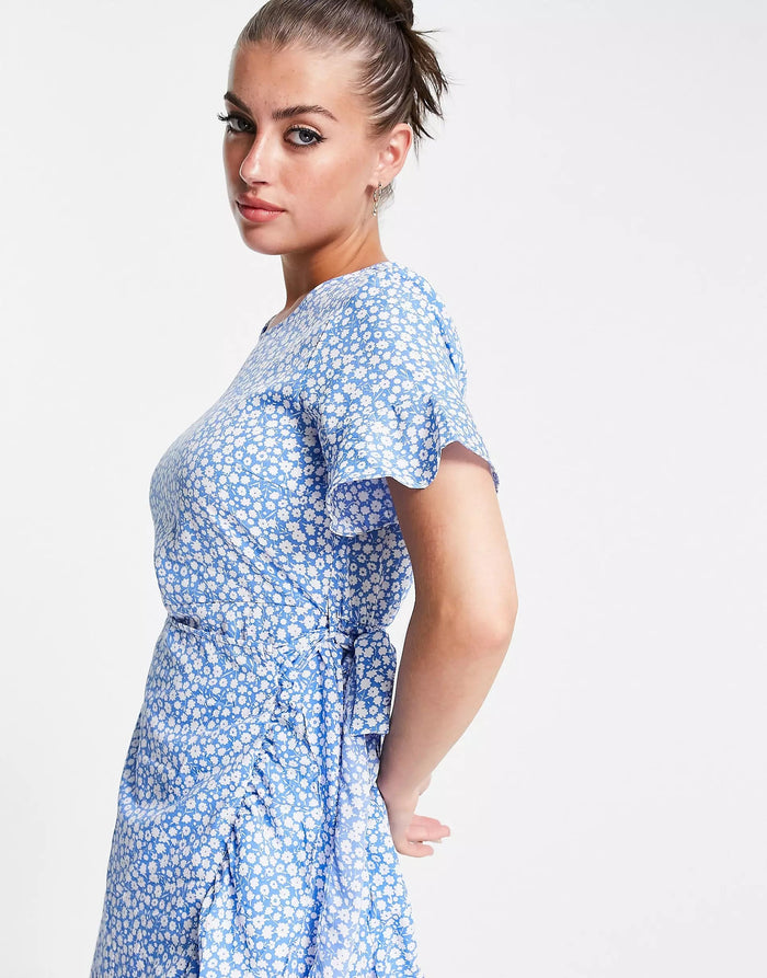 Vero Moda Frill Detail Midi Dress In Blue Spot