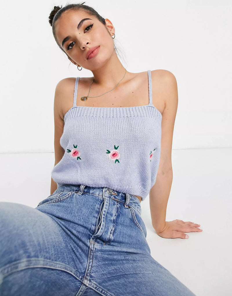 Cotton:On Cropped Embroidered Cable Knit Top in Sky Blue