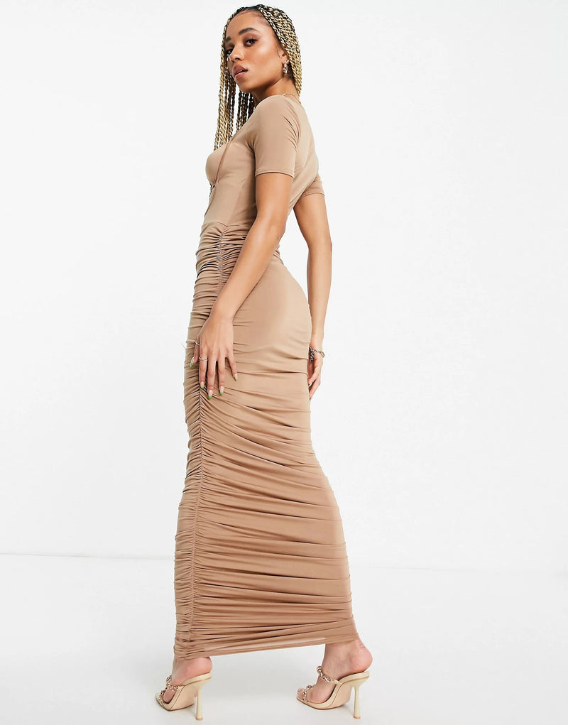 Public Desire Gathered Maxi Dress With Cut Out Detail In Ecru