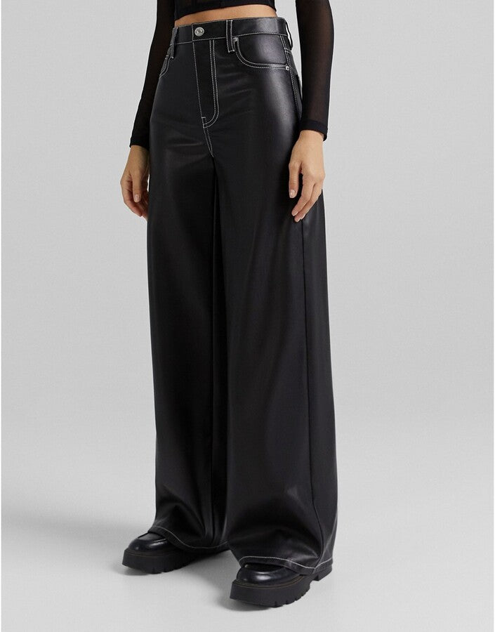 Bershka Wide Leg Faux Leather Dad Trouser With Contrast Seam In Black