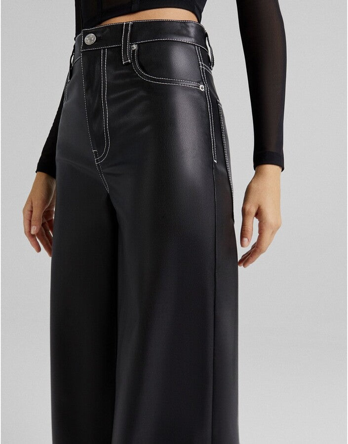 Bershka Wide Leg Faux Leather Dad Trouser With Contrast Seam In Black