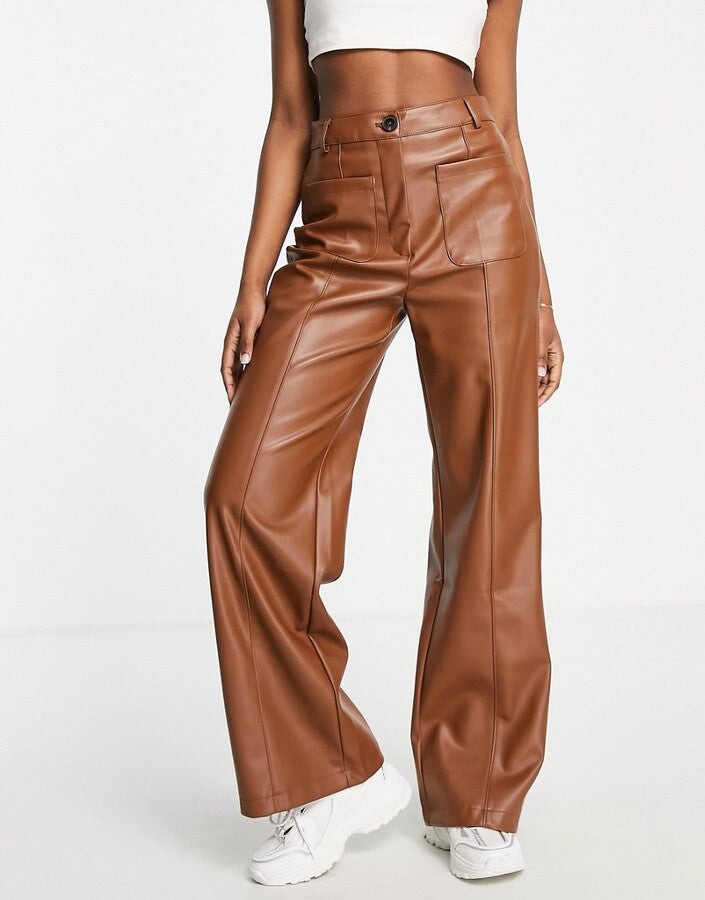 Stradivarius Faux Leather Dad Trousers In Caramel
