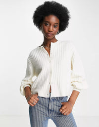 Pimkie Button Front Rib Balloon Sleeve Cardigan in Light Beige