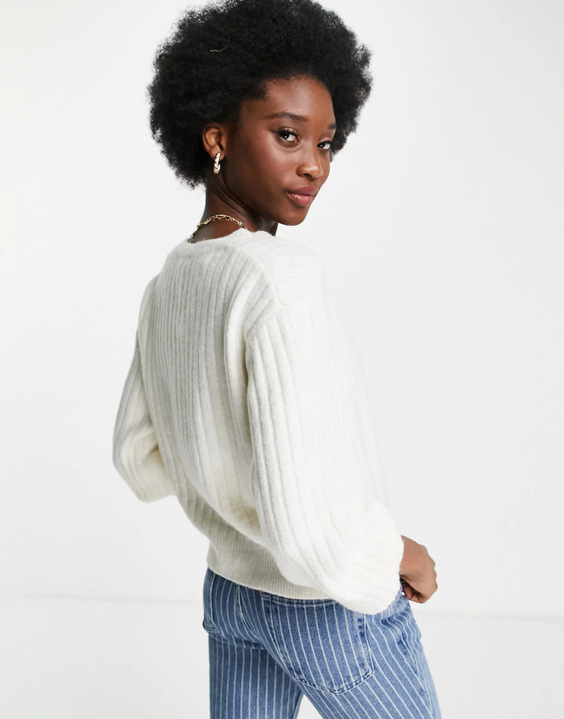 Pimkie Button Front Rib Balloon Sleeve Cardigan in Light Beige