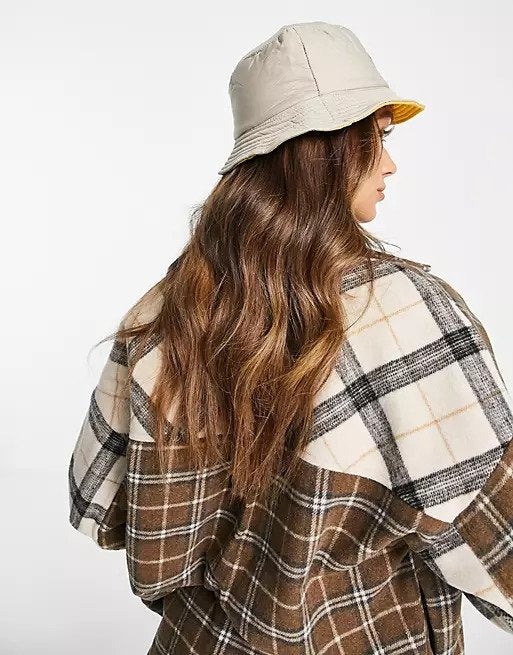 French Connection Reversible Nylon Bucket Hat In Soft Taupe And Yellow