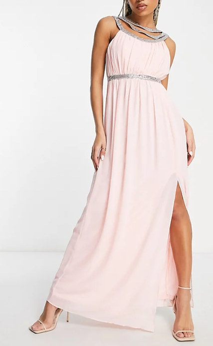TFNC Womens Bridesmaid Premium Embellished Back And Front Maxi Dress In Whisper Pink