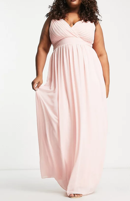 TFNC Womens Plus Bridesmaid Wrap Front Chiffon Maxi Dress With Embellished Shoulder Detail In Whisper Pink