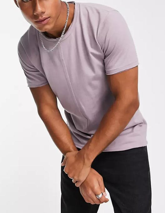 Le Breve Mens Tall Boxy Fit Split Seam T-Shirt In Lilac Chalk