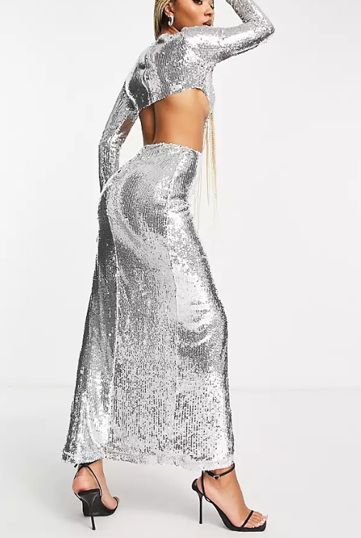 Simmi Womens Sequin Long Sleeve Cut Out Waist Maxi Dress With Thigh Split In Silver
