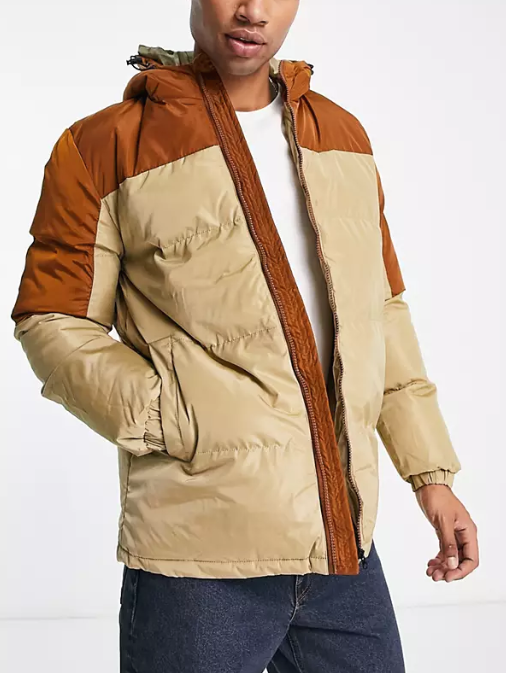 American Stitch Mens Colour Block Puffer In Cream & Brown