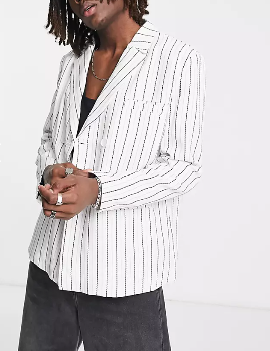 Liquor N Poker Mens Oversized Suit Jacket In In Off White With Vertical Pinstripe
